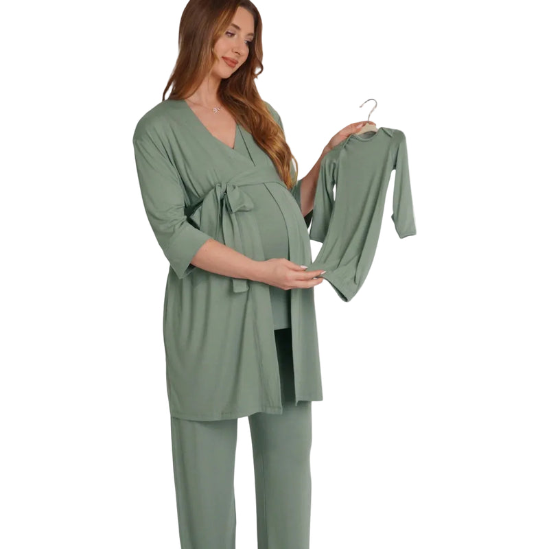 Woman wearing a green loungewear set holding a matching robe on a white background