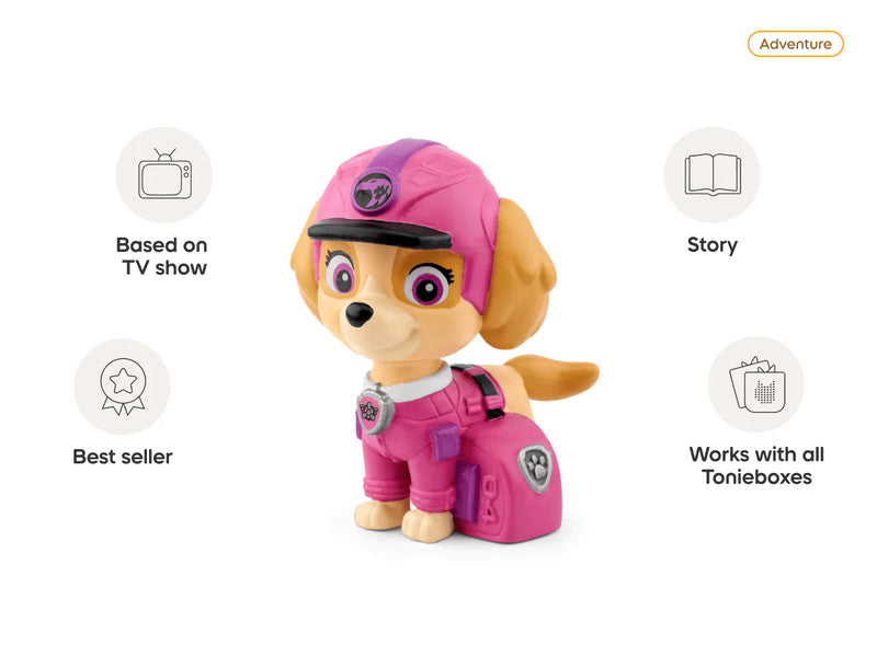 Skye Tonie figure with feature icons for story and songs, best seller, and works with all Tonieboxes
