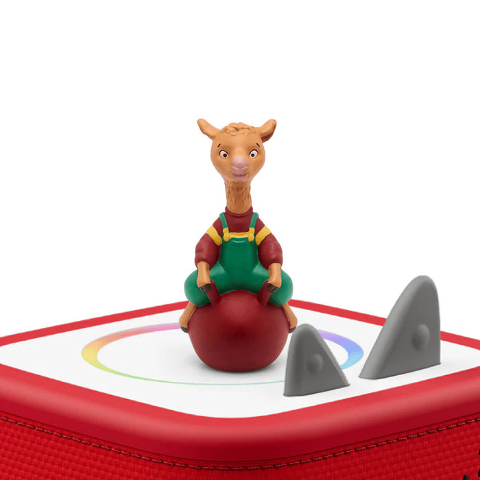 Toy llama figure on a red tonies box with a white base