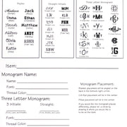 Sheet with various monogram styles and a form to fill out monogram details.