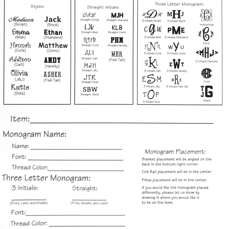 Sheet with various monogram styles and a form to fill out monogram details.