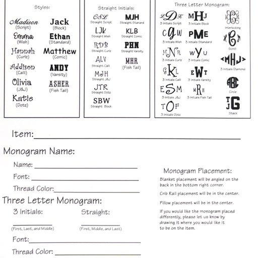 Sheet with various monogram styles and a form to fill out monogram details.