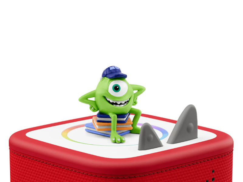 Mike Wazowski Tonie on a red Toniebox next to the gray ears, close-up