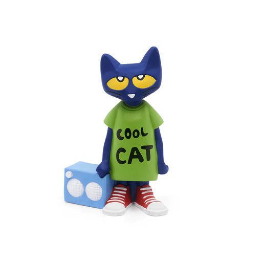 Toy figure of a cat character with a green shirt and red shoes on a white background