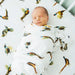 Newborn wrapped in Saltwater Swaddles Pheasant and Quail blanket showing detailed pheasant and quail illustrations