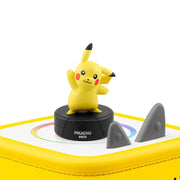 Pikachu figurine on a black base with a white and yellow platform on a white background