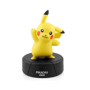 Yellow Pikachu figurine on a black base with 'Pikachu' branding on a white background