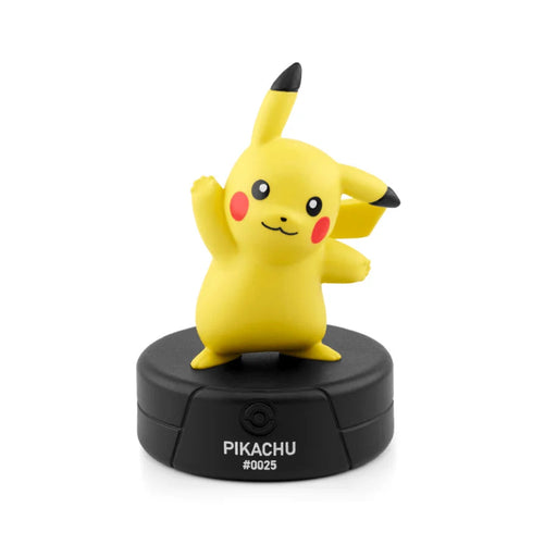 Yellow Pikachu figurine on a black base with 'Pikachu' branding on a white background