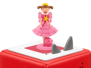 Pinkalicious Tonie standing on a red Toniebox next to the gray ears, close-up