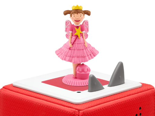 Pinkalicious Tonie standing on a red Toniebox next to the gray ears, close-up