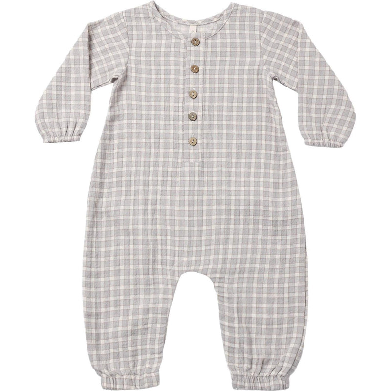 A baby long-sleeve romper in a light gray and white gingham plaid pattern, featuring a button-down front with brown buttons and elasticized cuffs and ankles.