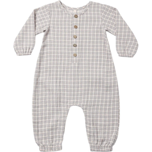 A baby long-sleeve romper in a light gray and white gingham plaid pattern, featuring a button-down front with brown buttons and elasticized cuffs and ankles.