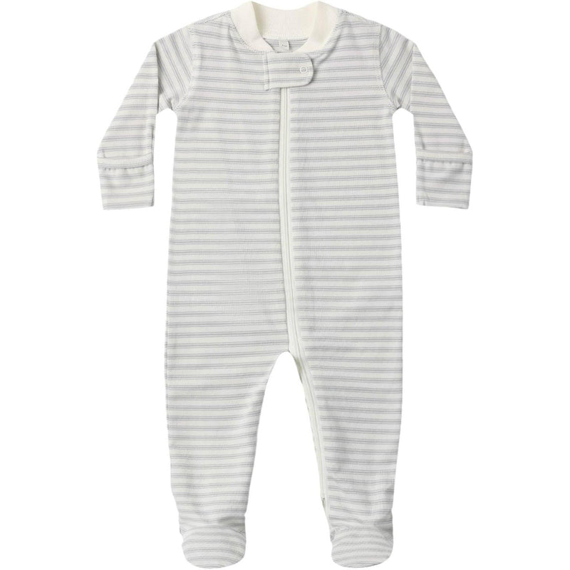A baby long-sleeve footed sleeper with light gray and white horizontal stripes, featuring a snap-button closure at the collar.