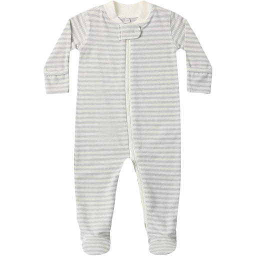 A baby long-sleeve footed sleeper with light gray and white horizontal stripes, featuring a snap-button closure at the collar.
