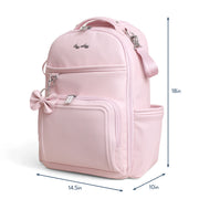 Side view of the Boss Plus backpack diaper bag showing dimensions and exterior pocket placement