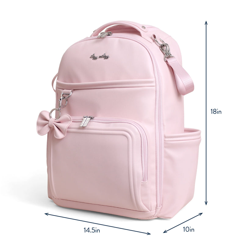 Side view of the Boss Plus backpack diaper bag showing dimensions and exterior pocket placement