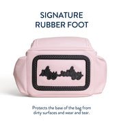 Detail view of the signature rubber foot base on the bottom of the diaper bag