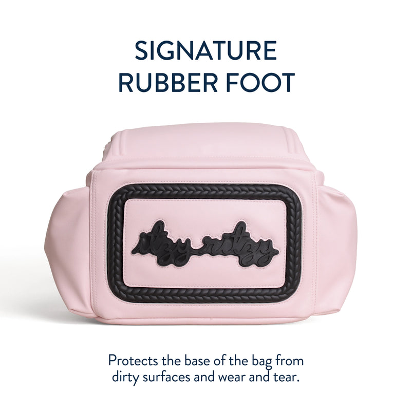 Detail view of the signature rubber foot base on the bottom of the diaper bag