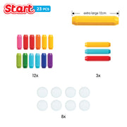 Set of colorful plastic items with quantity and size labels on a white background