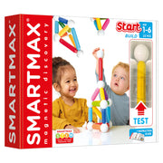 SMARTMAX magnetic discovery toy set packaging with children playing with colorful building sticks.