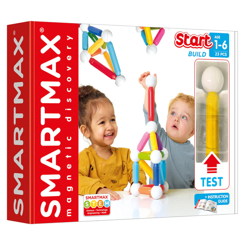 SMARTMAX magnetic discovery toy set packaging with children playing with colorful building sticks.
