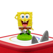 SpongeBob SquarePants figurine on a red and white rectangular base with shark fin design.