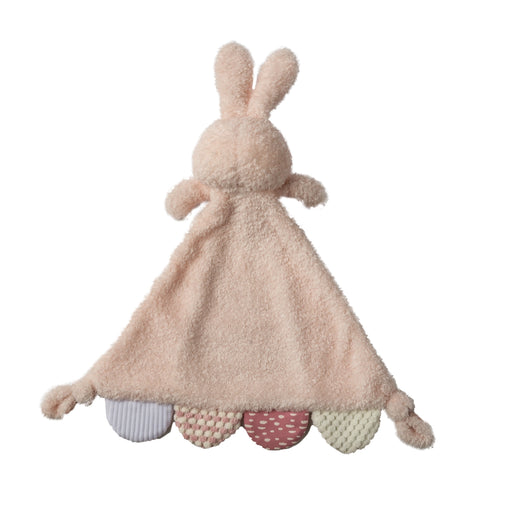 Back view of the Sweet Dreams Bunny activity blanket showing fabric texture and knotted corner details