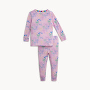 Pink bow print magnetic pajama set with long sleeve top and pants laid flat