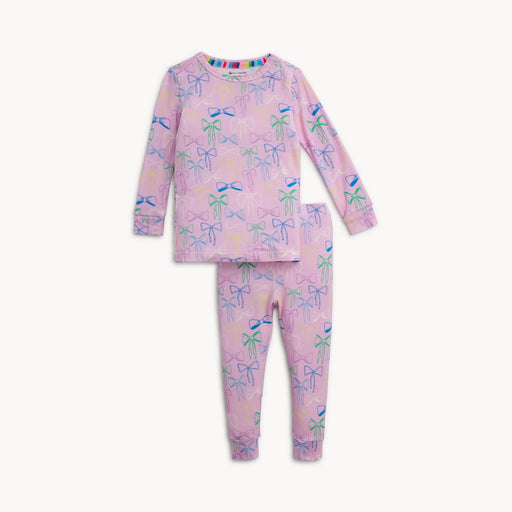 Pink bow print magnetic pajama set with long sleeve top and pants laid flat