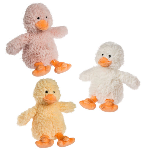 Three mini plush duck toys in pastel colors with soft textured fabric and orange beaks and feet