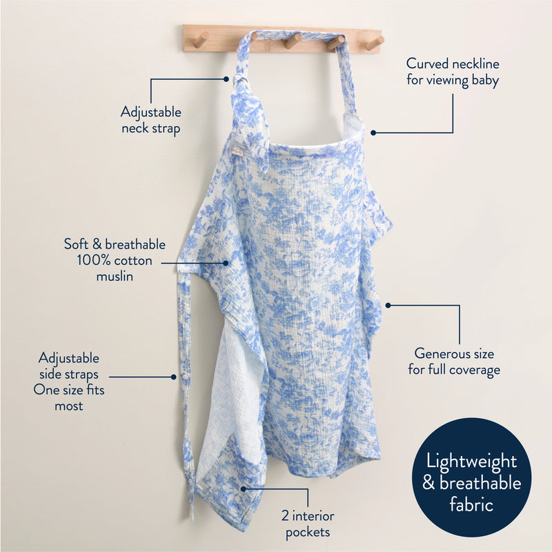 Itzy Ritzy breastfeeding cover features: adjustable neck strap, curved neckline, 100% cotton muslin and 2 interior pockets