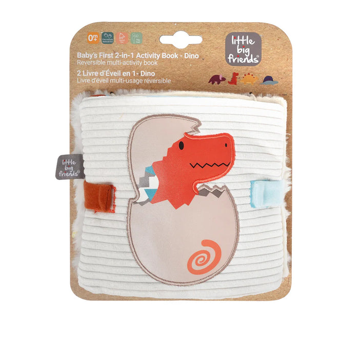 Close-up of the packaged book featuring the hatching T-rex design on a cardboard backing.