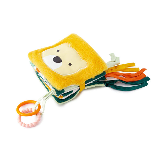 Plush jungle-themed soft baby book with a fuzzy yellow bear cover and colorful fabric tabs.