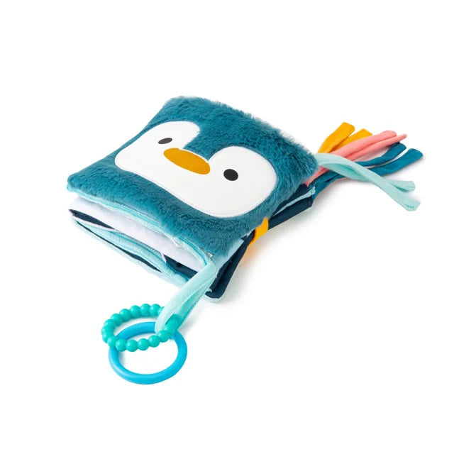 Soft blue penguin-themed fabric book with ribbon tags and attached teal teether.