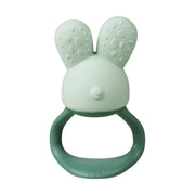 Green rabbit-shaped teething ring on a white background
