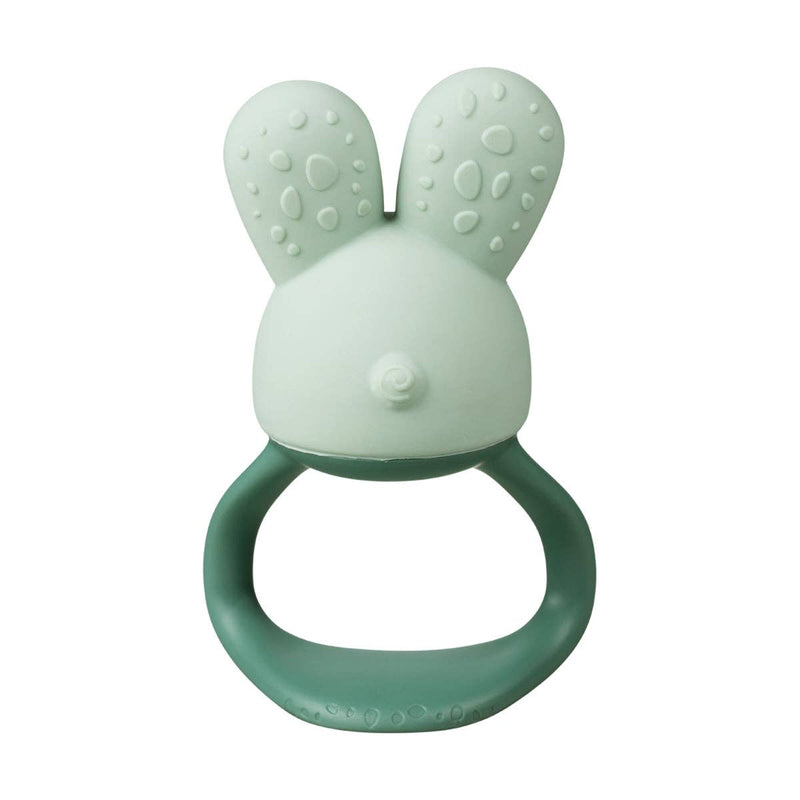 Green rabbit-shaped teething ring on a white background