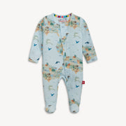 Light blue magnetic baby footie with America the Beautiful landscape and animal print