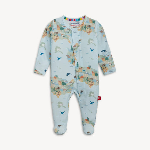 Light blue magnetic baby footie with America the Beautiful landscape and animal print