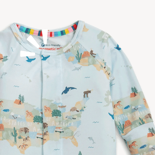 Close-up of America the Beautiful footie showing magnetic closure and patterned fabric