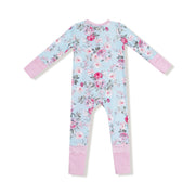 Back view of Charlotte Floral long-sleeve zipper romper with pink cuffs and gripper feet.