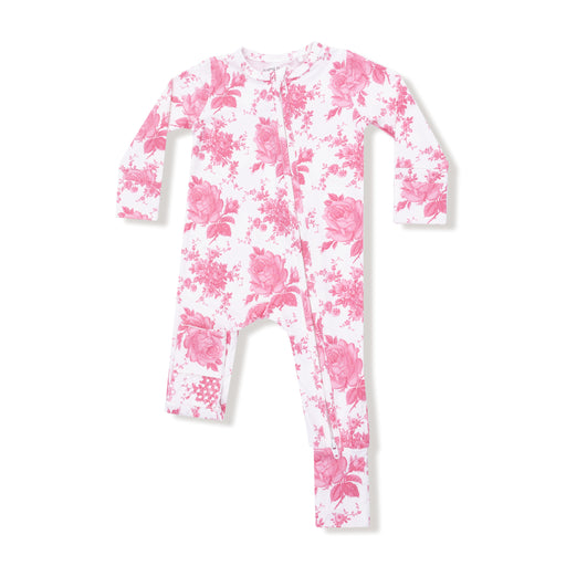 Long sleeve two-way zipper romper in white with vintage pink roses print, foldover foot cuffs shown flat