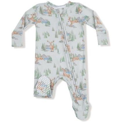 Flat lay of Angel Dear Buck Deer 2-way zipper footie with asymmetrical double zipper and built-in feet