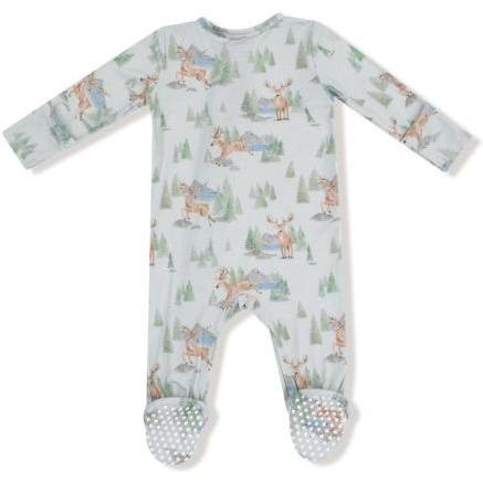 Back view of the Buck Deer 2-way zipper footie showing full-length zipper line and grippy soles