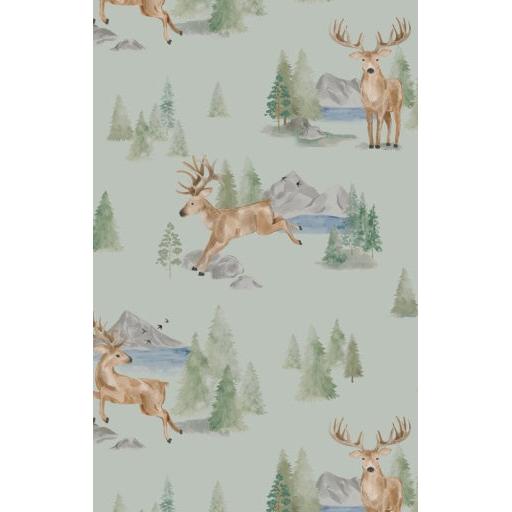 Close-up of the Buck Deer woodland print with deer, trees, and mountains