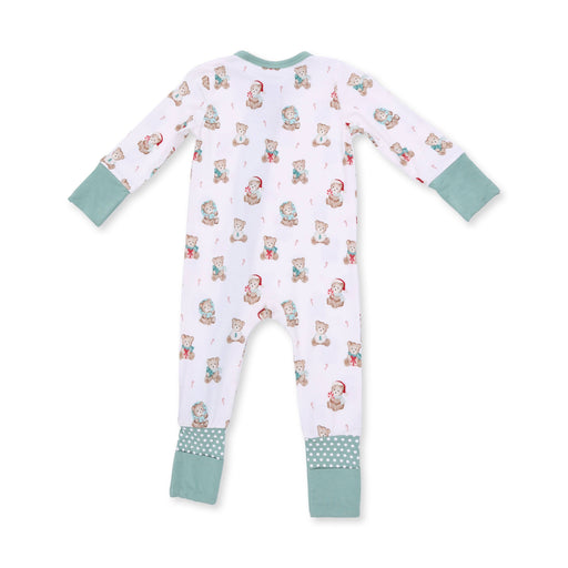 Back view of Angel Dear baby convertible romper in Christmas Teddy Bears print with sage green fold-over foot cuffs