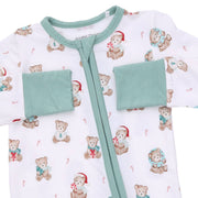 Close-up of Angel Dear Christmas Teddy Bears convertible romper showing the zipper, sage green neckline and fold-over hand cuffs