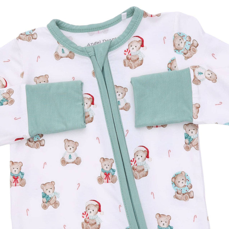 Close-up of Angel Dear Christmas Teddy Bears convertible romper showing the zipper, sage green neckline and fold-over hand cuffs