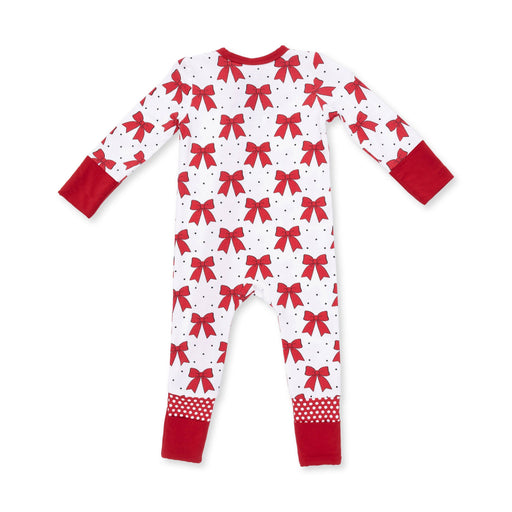 Back view of Angel Dear baby convertible romper in Festive Bows print with red bows on white and red fold-over foot cuffs