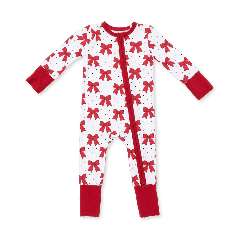 Angel Dear baby convertible zipper romper in Festive Bows print, front view with red bows and black dots on white and red cuffs