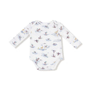 Migrating Mallards long sleeve lap-shoulder bodysuit, flat lay front view